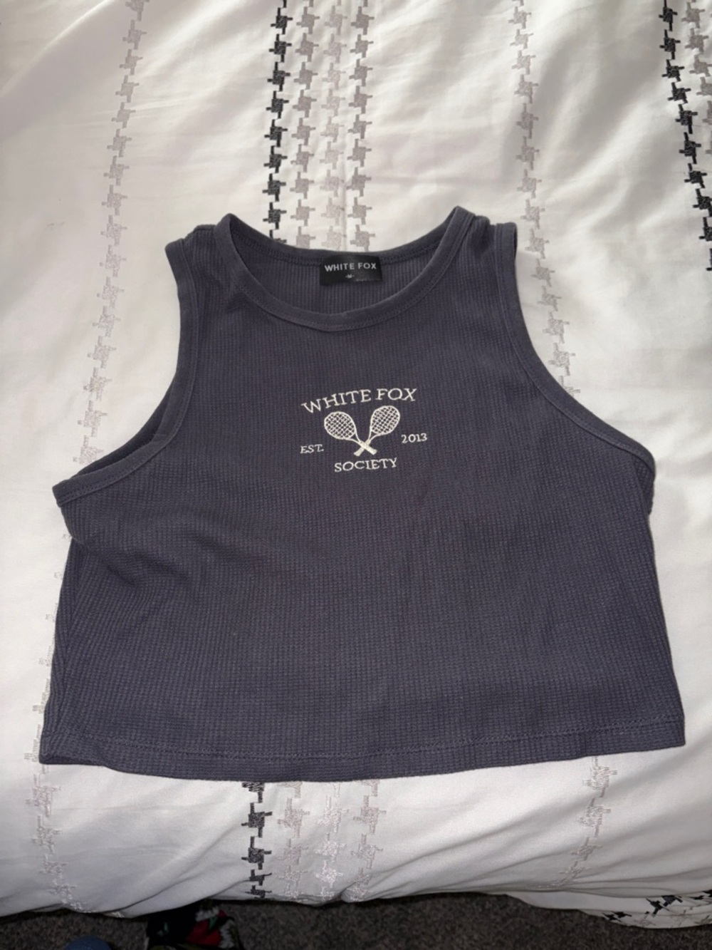 White Fox Boutique Grey Ribbed Tennis Graphic Crop Tank